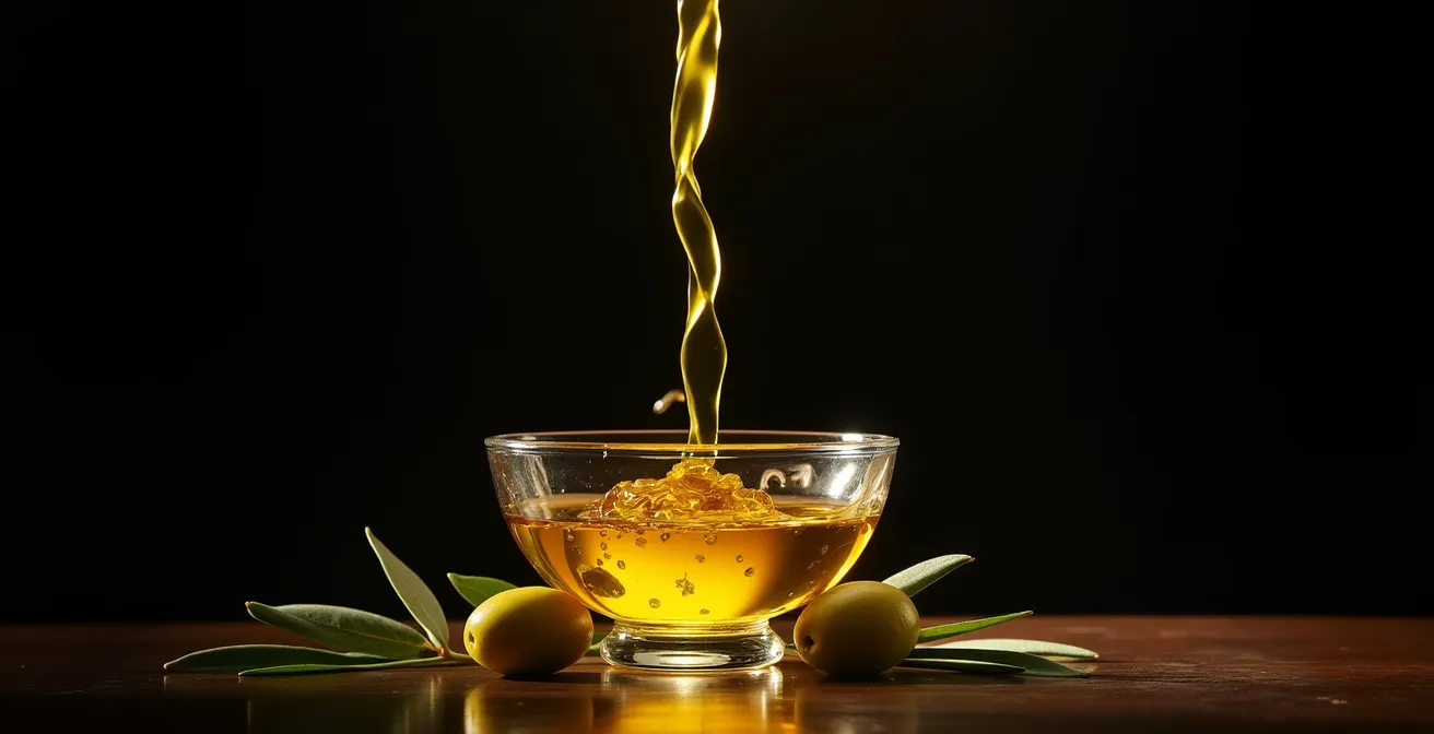Aceite de oliva virgen extra cayendo en espiral mostrando su textura dorada y densidad característica