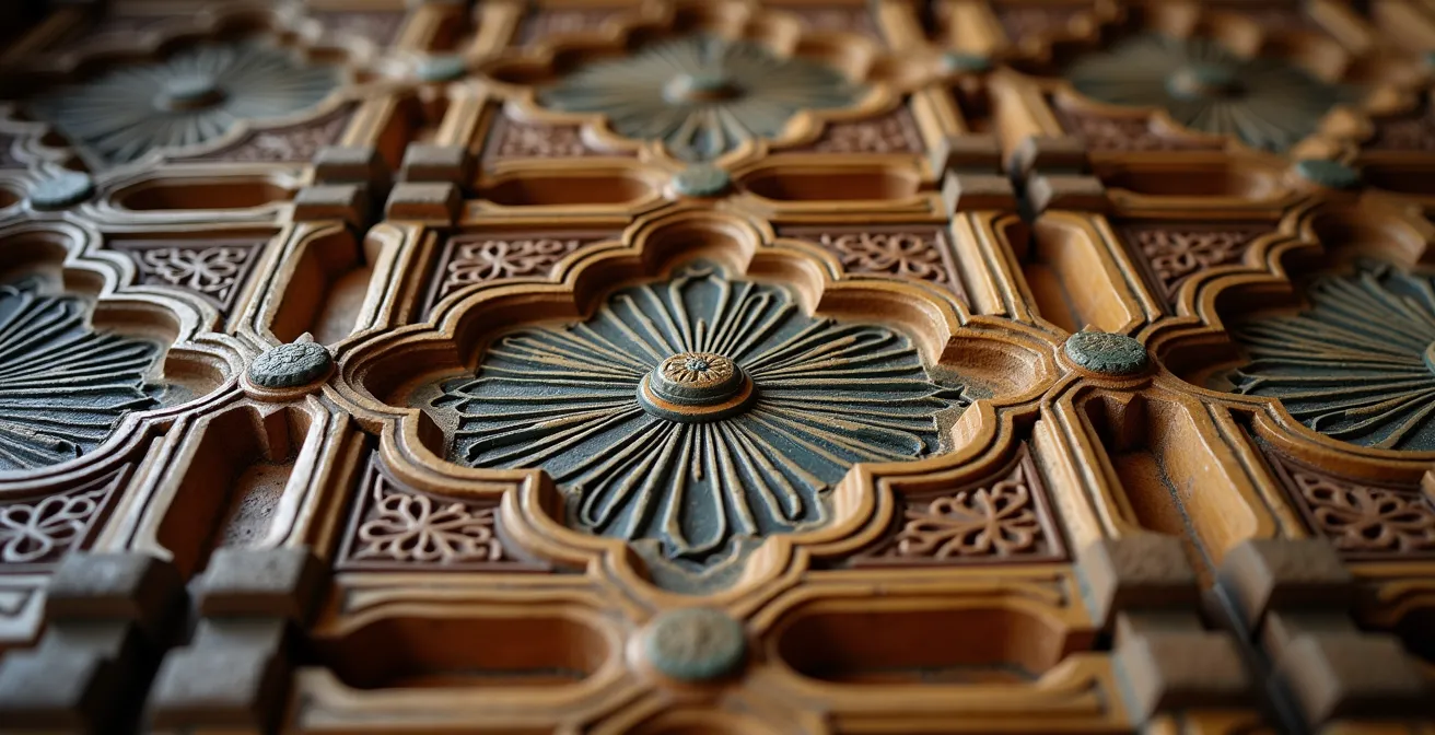 Detalle macro de un artesonado mudéjar mostrando la policromía original durante proceso de restauración