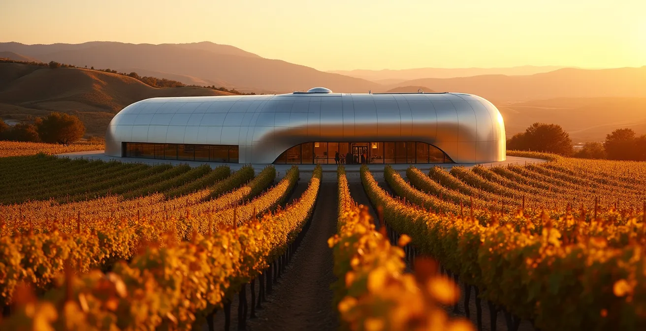 Vista exterior de bodega moderna con arquitectura ondulada entre viñedos riojanos al atardecer