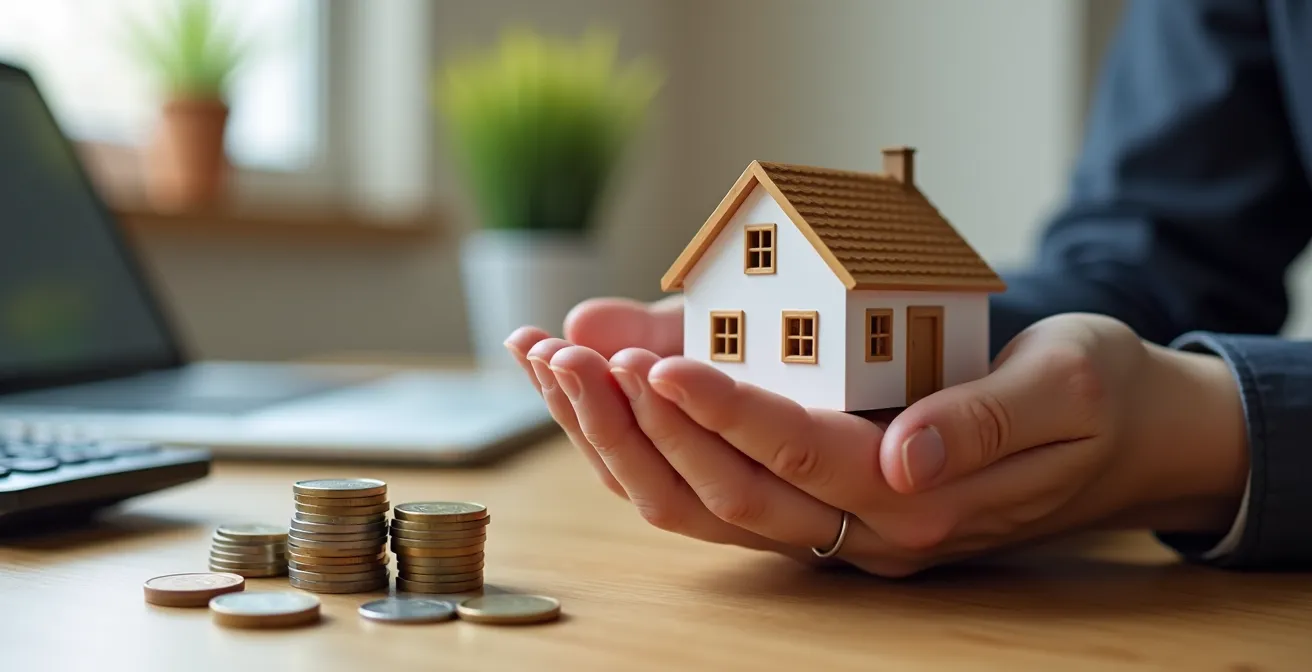 Manos sosteniendo modelo de casa en miniatura con monedas y calculadora desenfocada al fondo