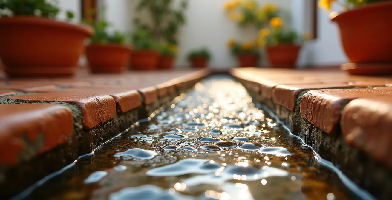 Canal estrecho de agua con sistema de circulación lenta en patio tradicional español