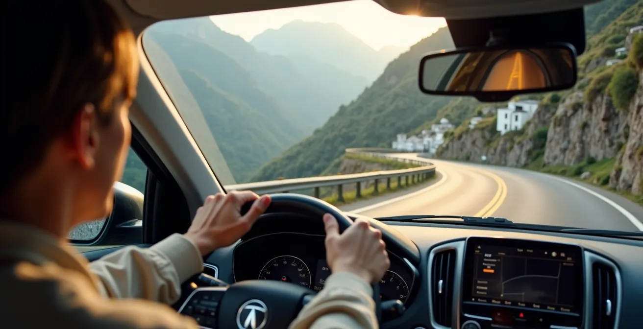 Carretera sinuosa de montaña en la Alpujarra con curvas pronunciadas y vistas panorámicas
