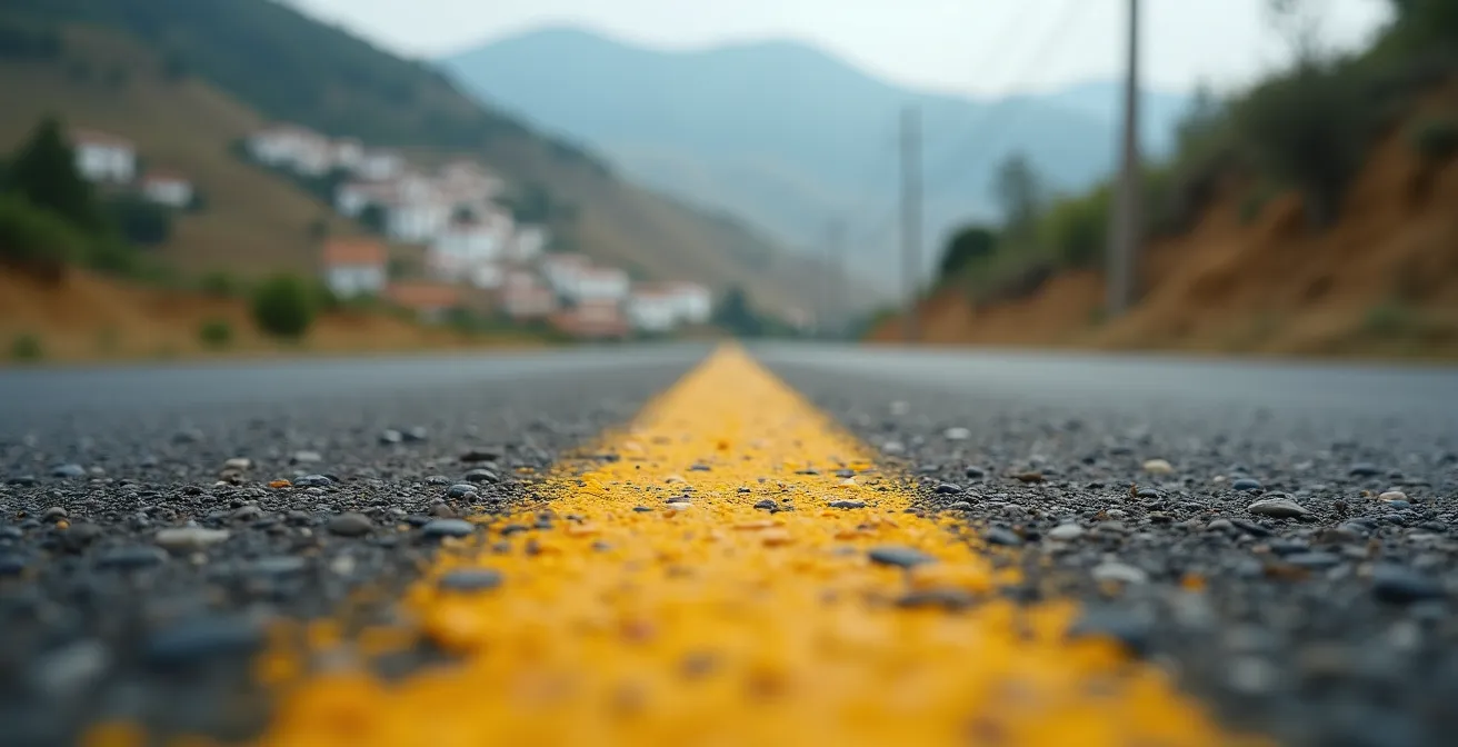 Carretera serpenteante de montaña en la Alpujarra con pueblo blanco al fondo entre terrazas cultivadas