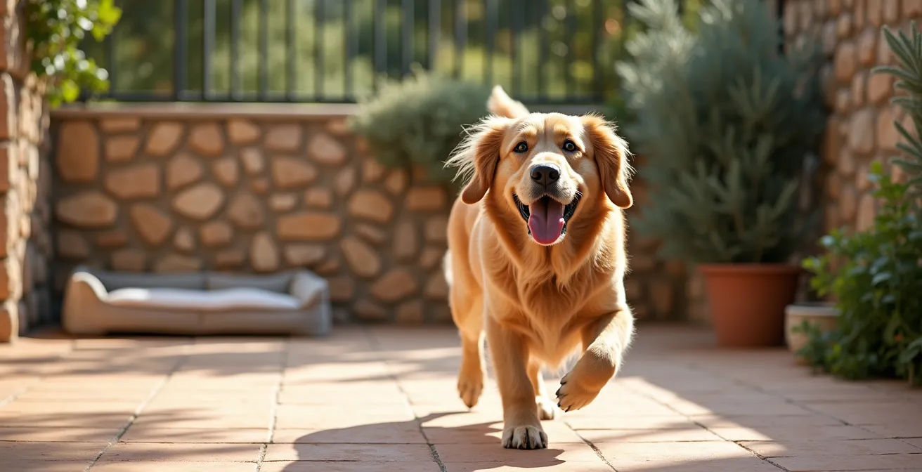 Perro jugando en jardín vallado de casa rural española con equipamiento pet-friendly
