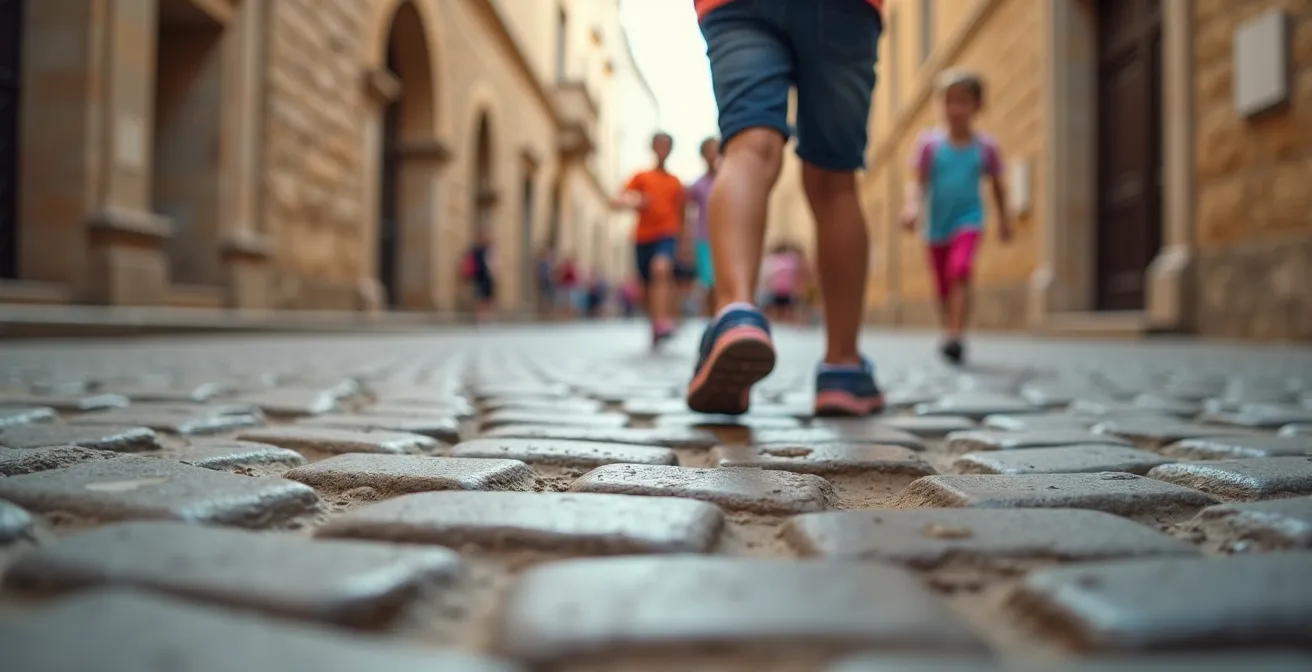 Plaza medieval empedrada con niños jugando mientras familias pasean entre edificios de piedra históricos