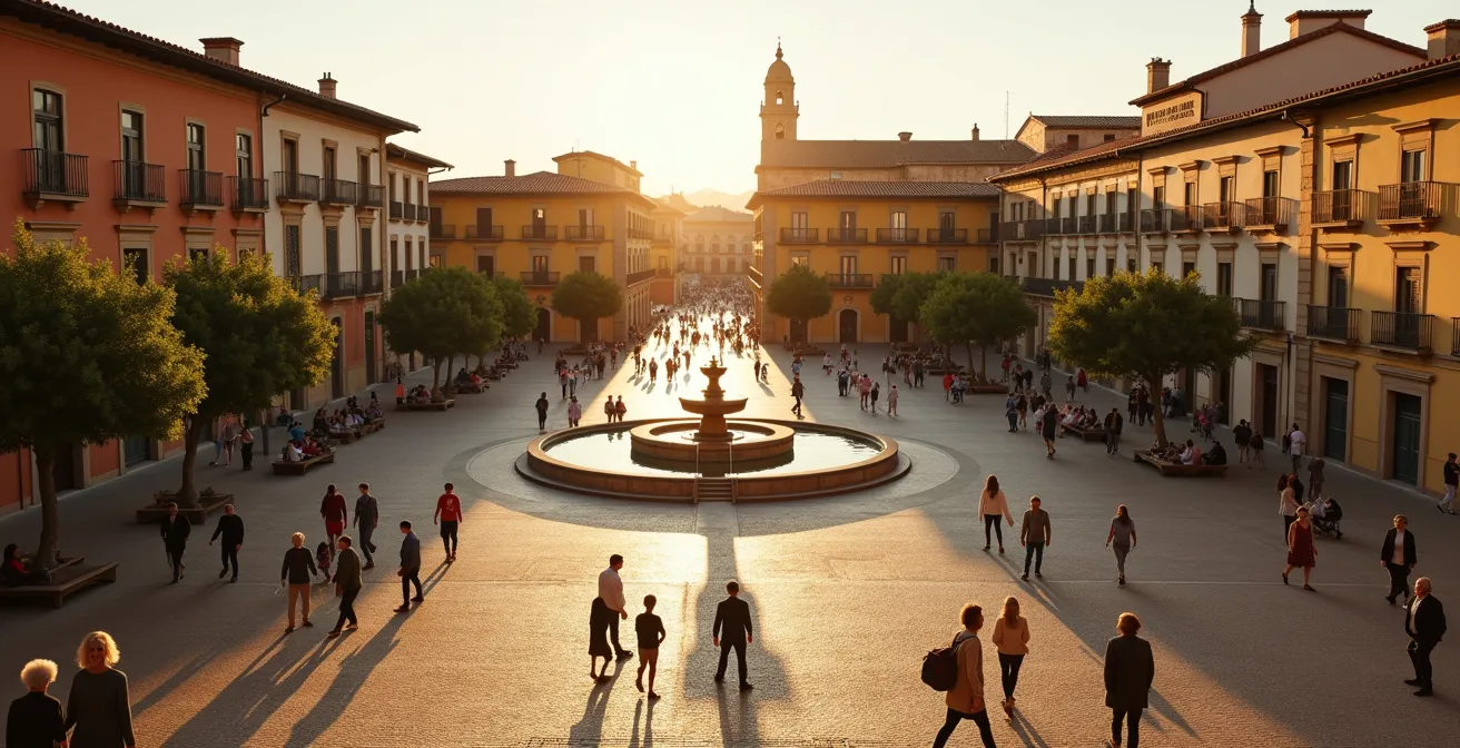 Vista aérea de una plaza española tradicional con personas caminando y socializando al atardecer