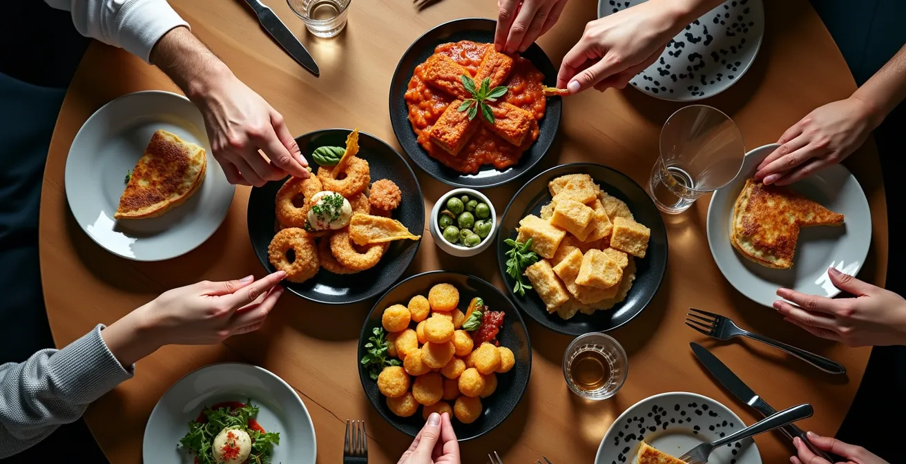 Vista cenital de una mesa con múltiples tapas y varias manos compartiendo la comida, simbolizando la comunidad.