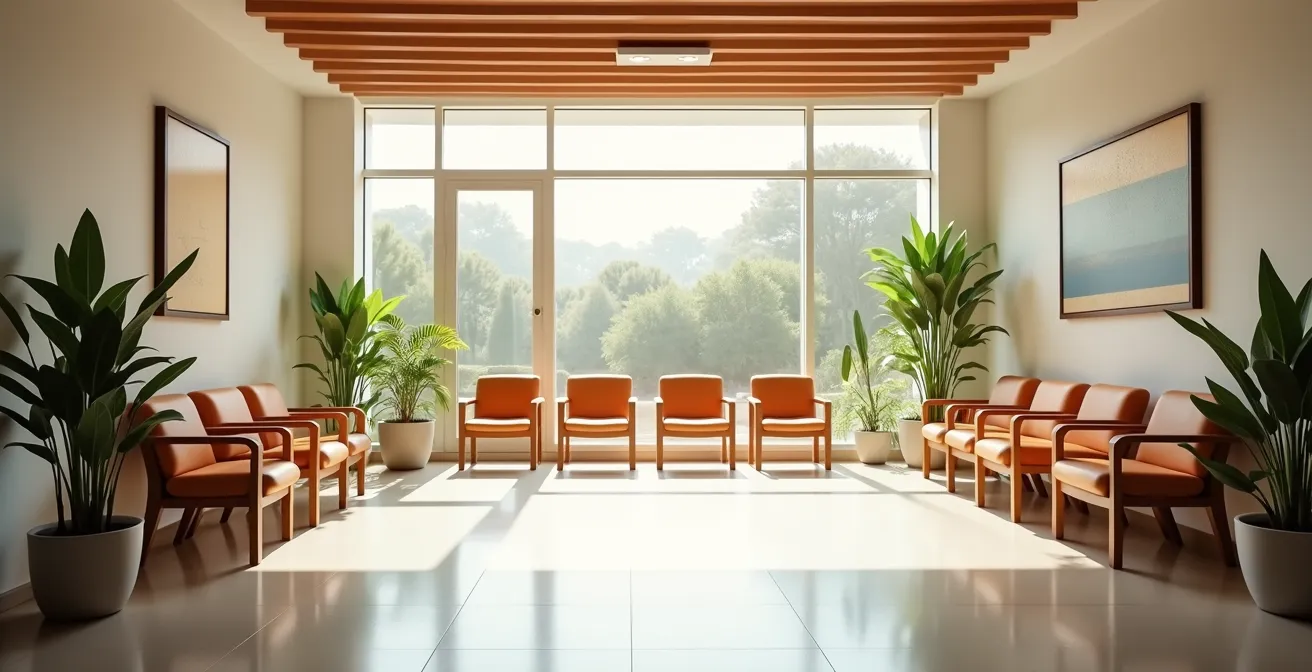 Sala de espera de centro de salud con luz natural y ambiente tranquilo