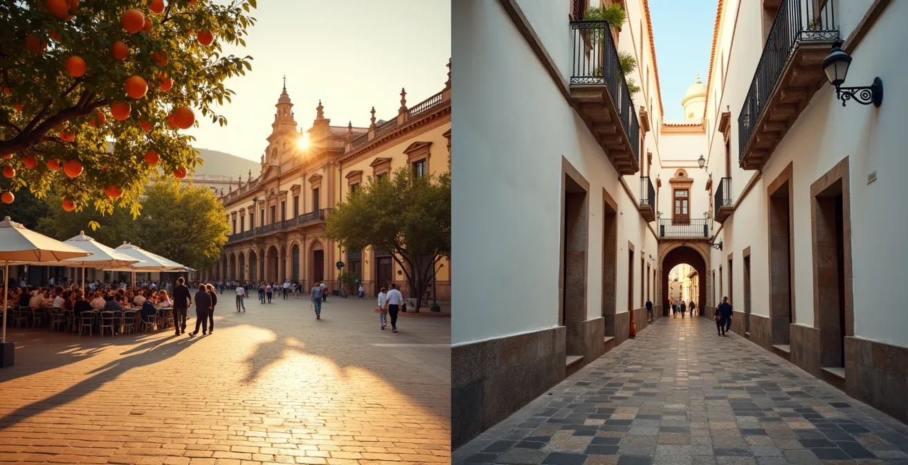 Vista comparativa de arquitectura típica sevillana y granadina mostrando diferentes estilos de vida