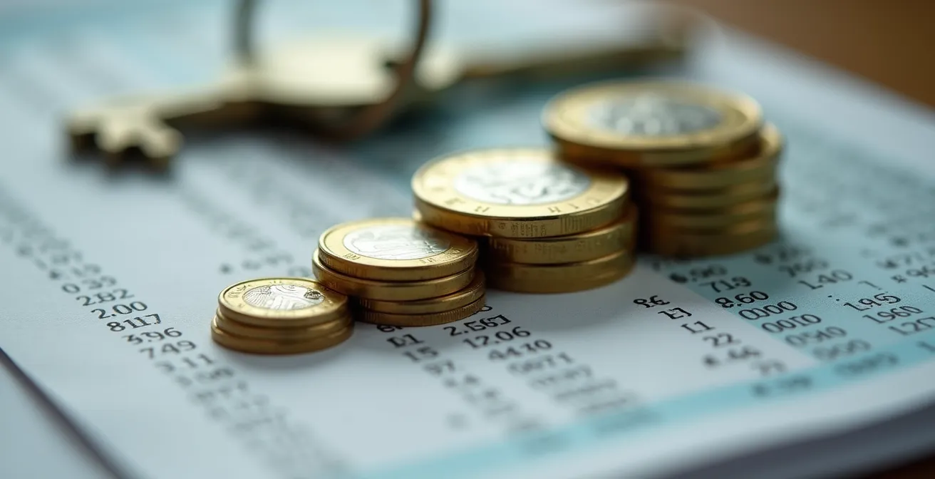 Composición visual de gastos inmobiliarios con documentos y monedas que simbolizan el IBI y los seguros.