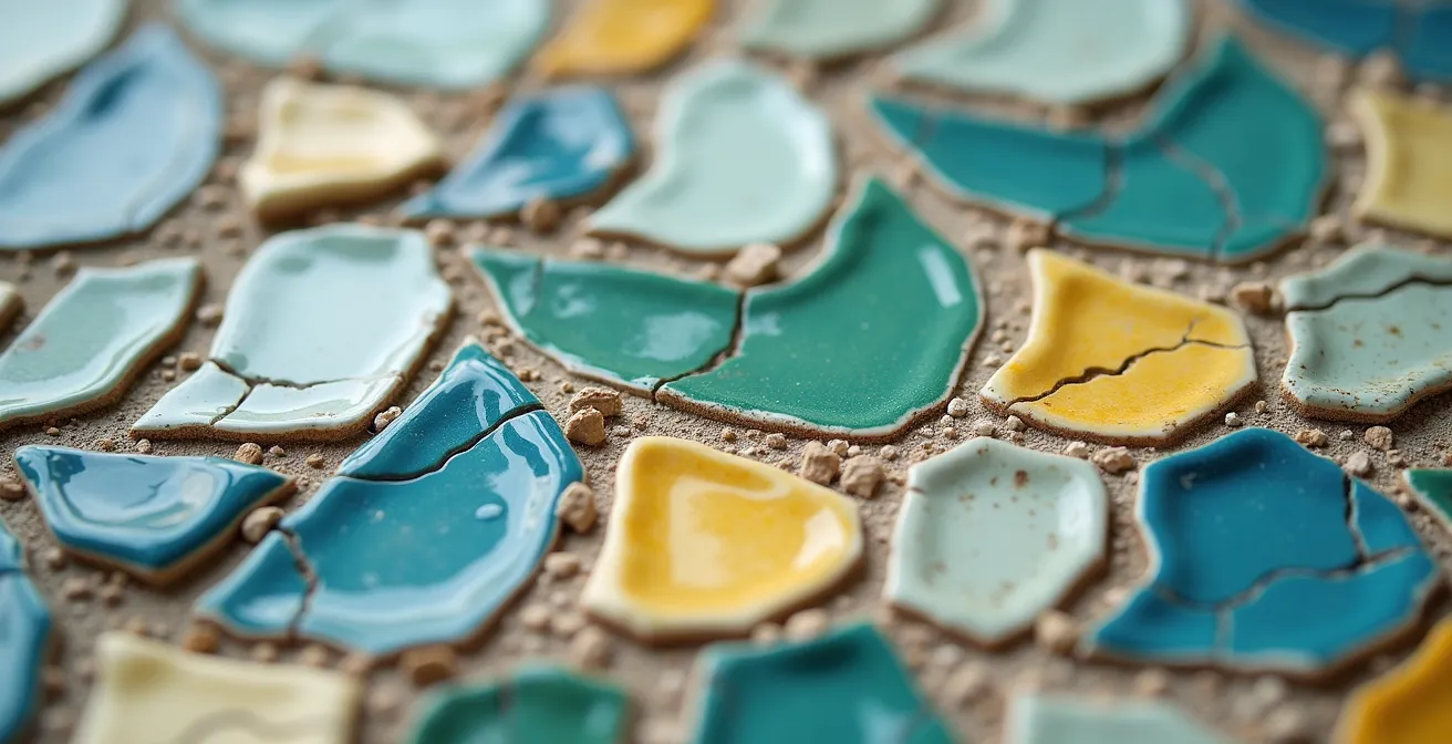Detalle macro del trencadís de Gaudí mostrando fragmentos de cerámica colorida