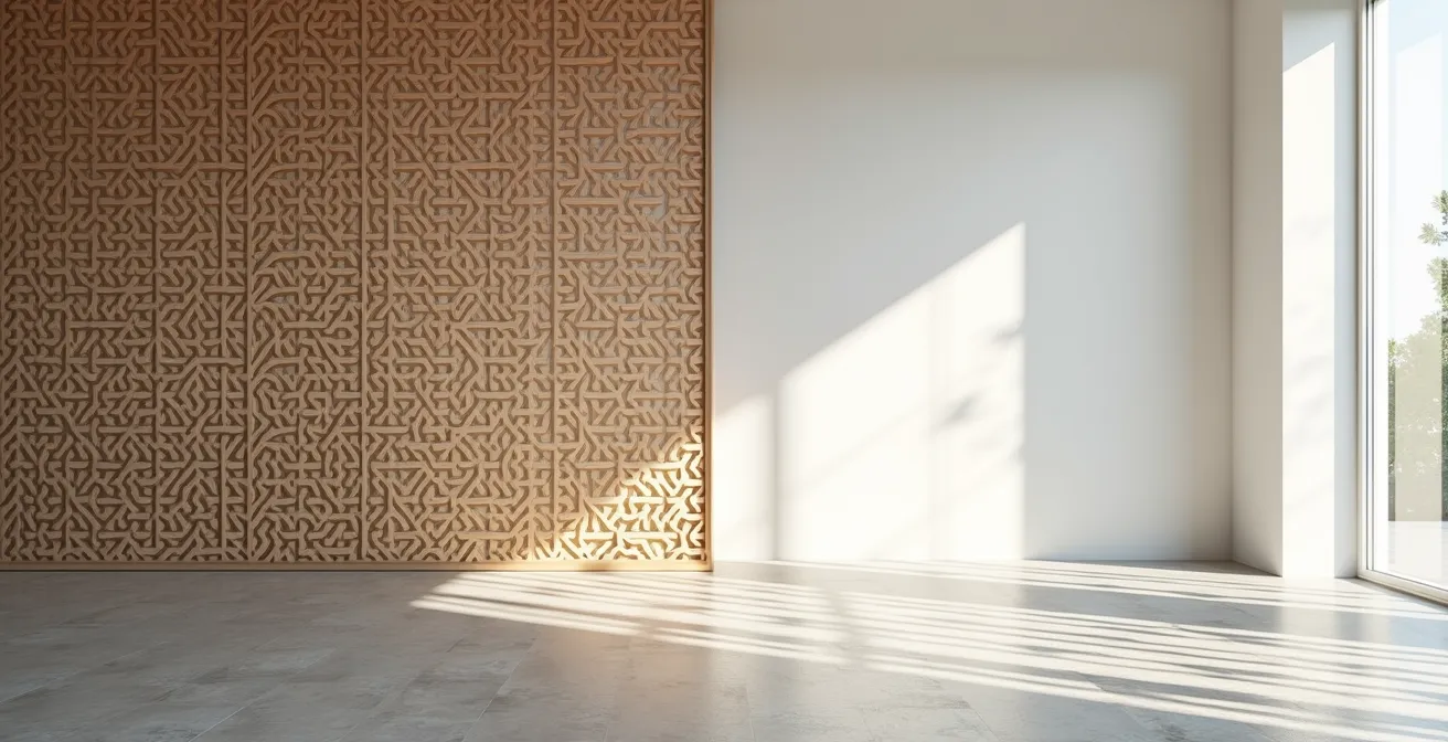 Interior minimalista contemporáneo con celosía geométrica islámica proyectando sombras
