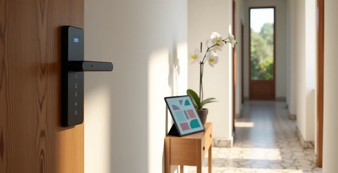 Sistema integrado de check-in digital con cerradura inteligente y tablet mostrando proceso de registro