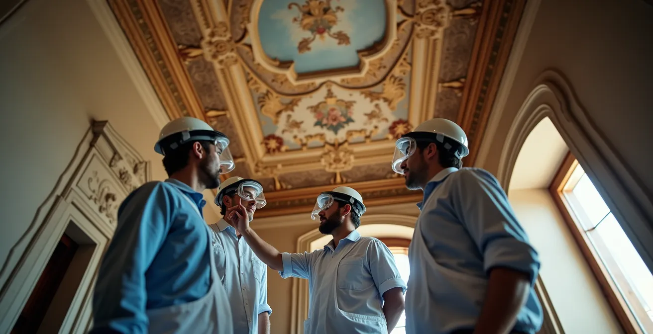 Profesionales especializados trabajando en la restauración detallada de un fresco histórico en el interior de un edificio patrimonial