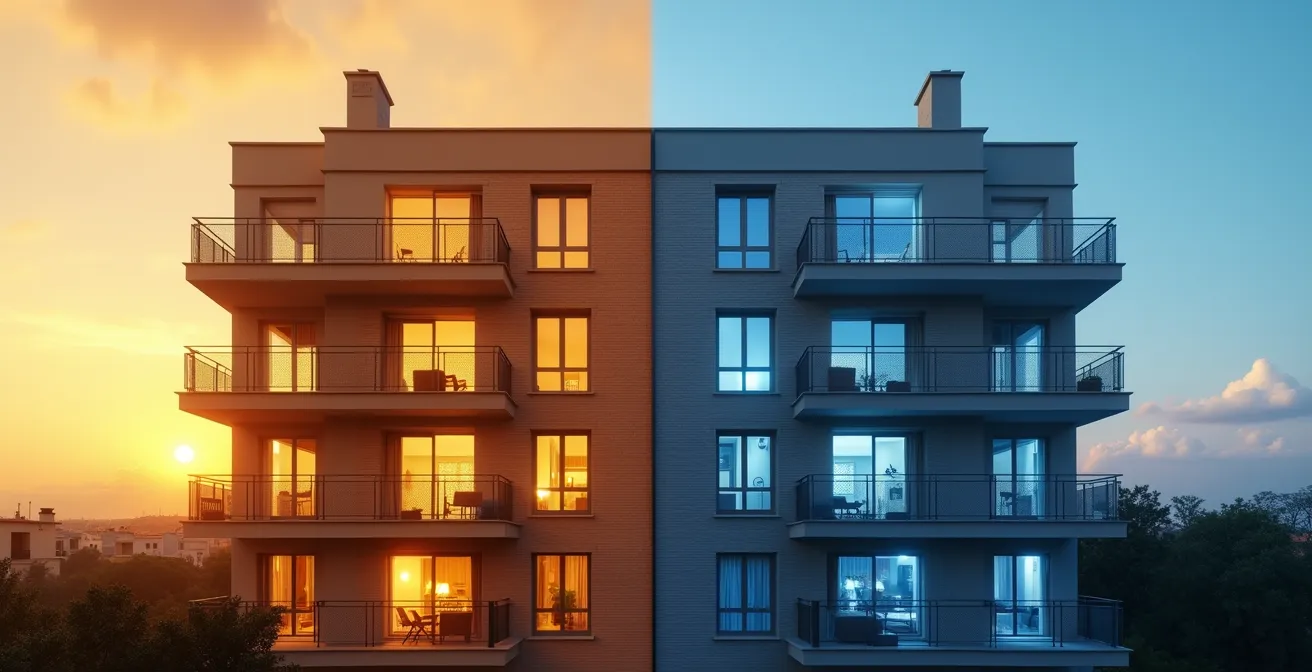 Comparación visual de dos viviendas idénticas mostrando diferencias térmicas entre certificación A y G mediante colores cálidos y fríos