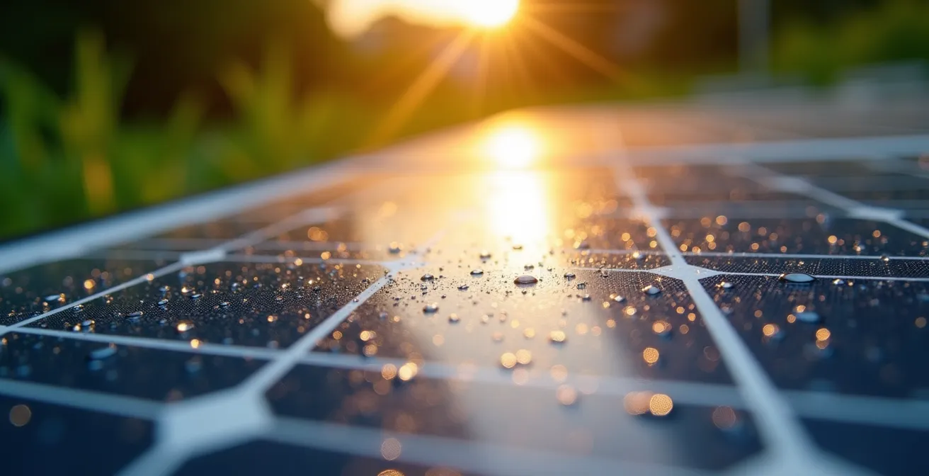 Detalle macro de panel solar de foco de jardín con gotas de rocío