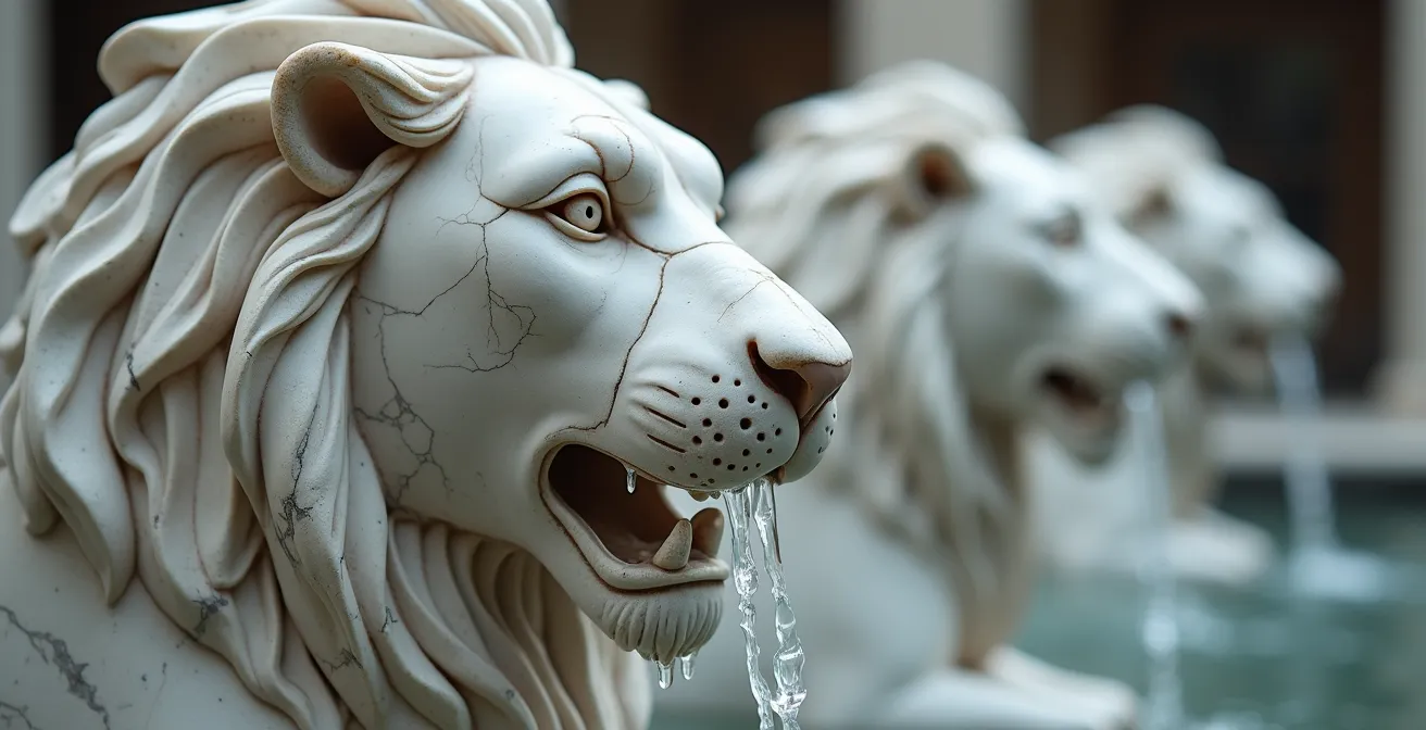 Detalle de los doce leones de mármol representando el paraíso islámico con agua fluyendo