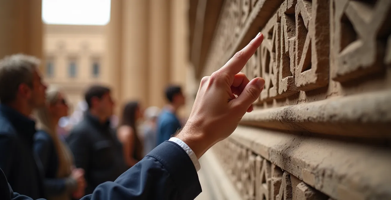 Guía turístico profesional señalando detalles arquitectónicos a un pequeño grupo de visitantes
