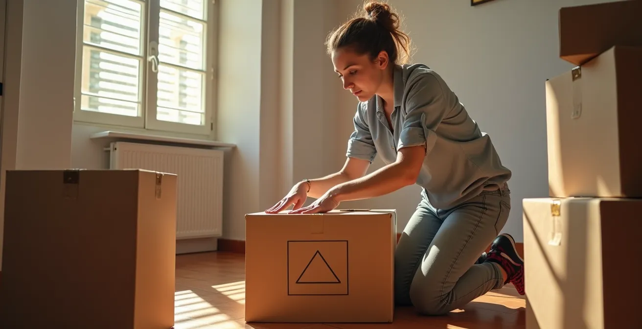 Persona joven empacando sus pertenencias en cajas de mudanza en un apartamento español luminoso