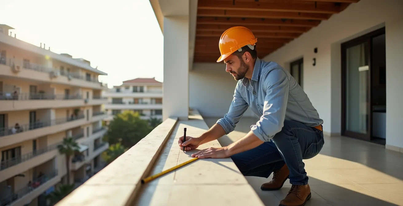 Profesional realizando inspección estructural de terraza antes de instalación