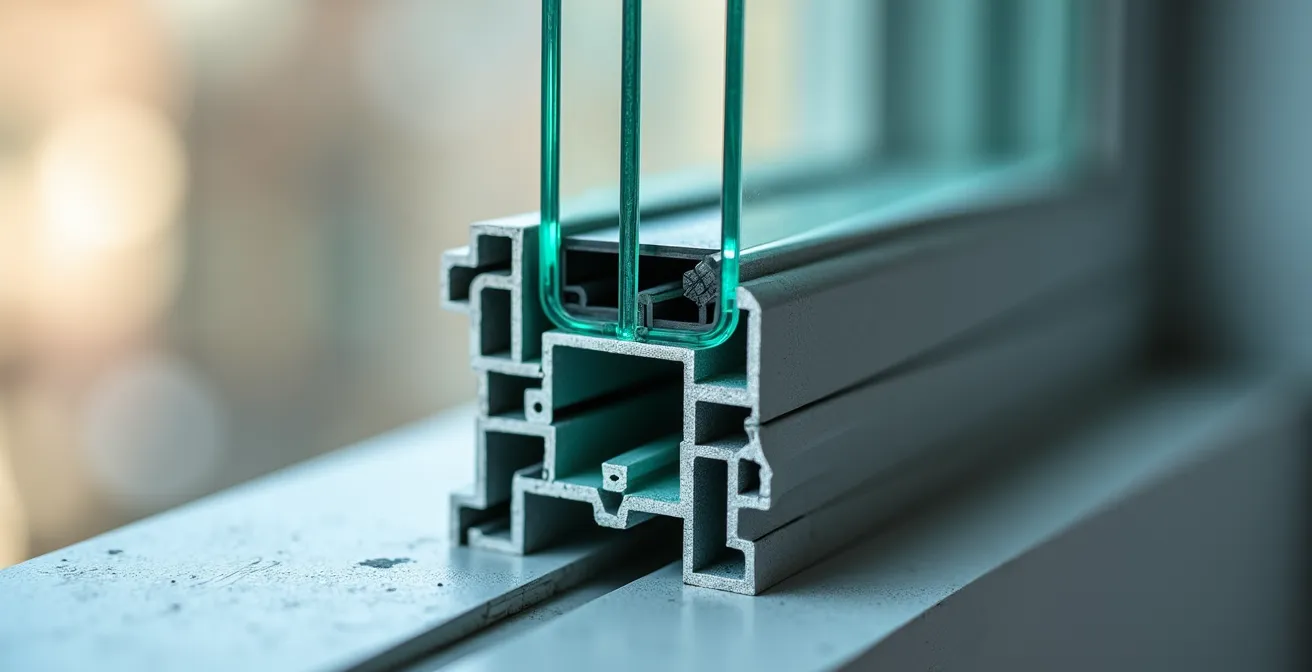 Detalle de instalación profesional de ventana con triple acristalamiento mostrando las capas de vidrio y el marco con rotura de puente térmico