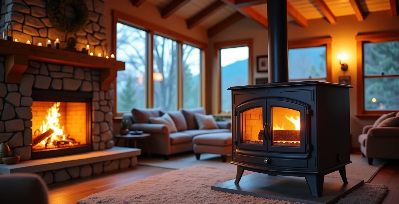 Interior acogedor de casa rural con chimenea encendida y sistema de calefacción moderno