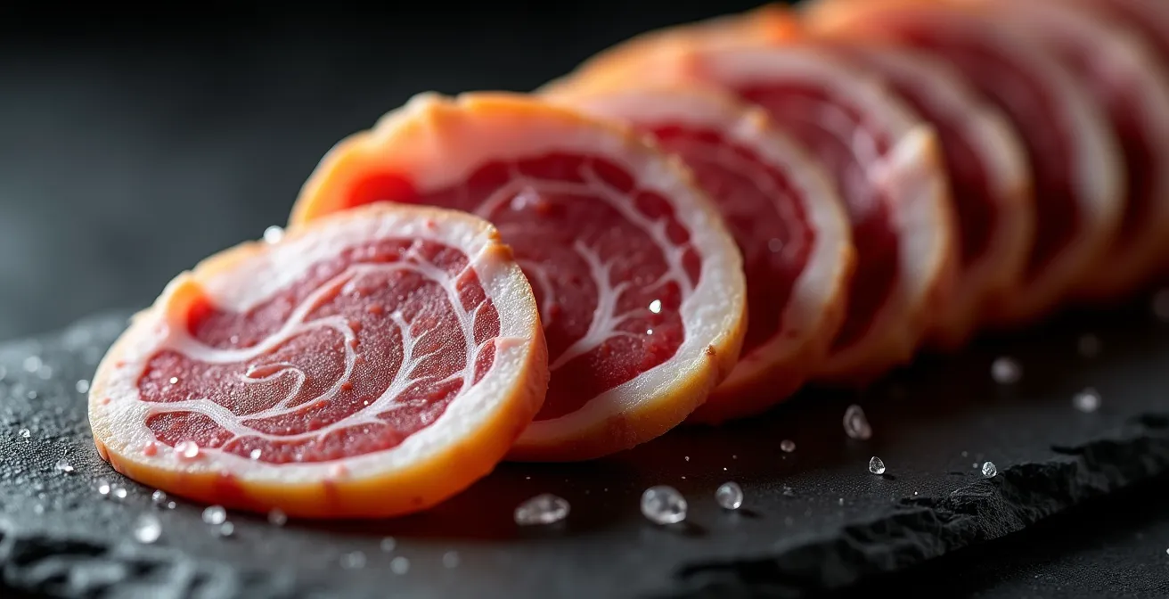 Detalle macro de jamón ibérico DOP mostrando textura veteada y color característico