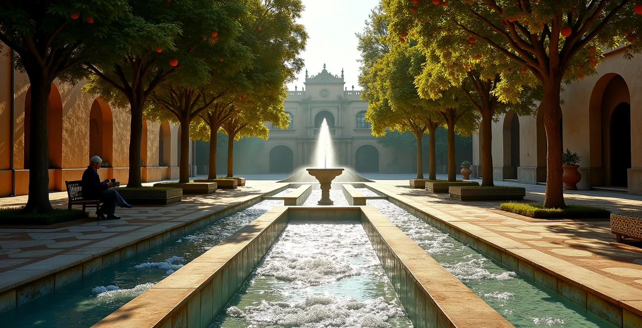 Sistema de fuentes y acequias creando un microclima fresco entre la densa vegetación de los jardines del Alcázar bajo el sol del mediodía.