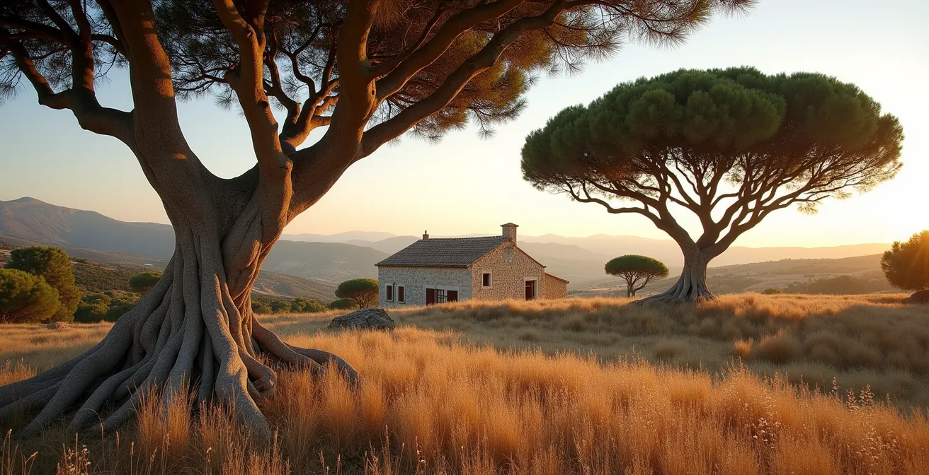 Vista evocadora del paisaje rural mediterráneo con almendros y algarrobos típicos del Camp de Tarragona