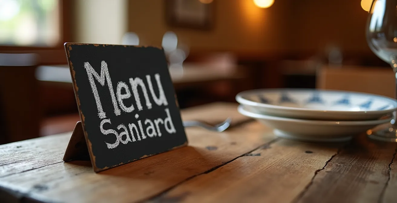Pizarra con un menú del día escrito a mano en un restaurante tradicional español, sugiriendo autenticidad y comida casera.