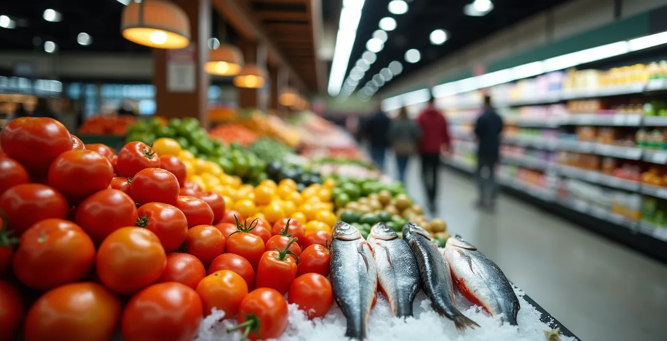 Comparación visual entre un mercado tradicional español lleno de productos frescos y un supermercado moderno