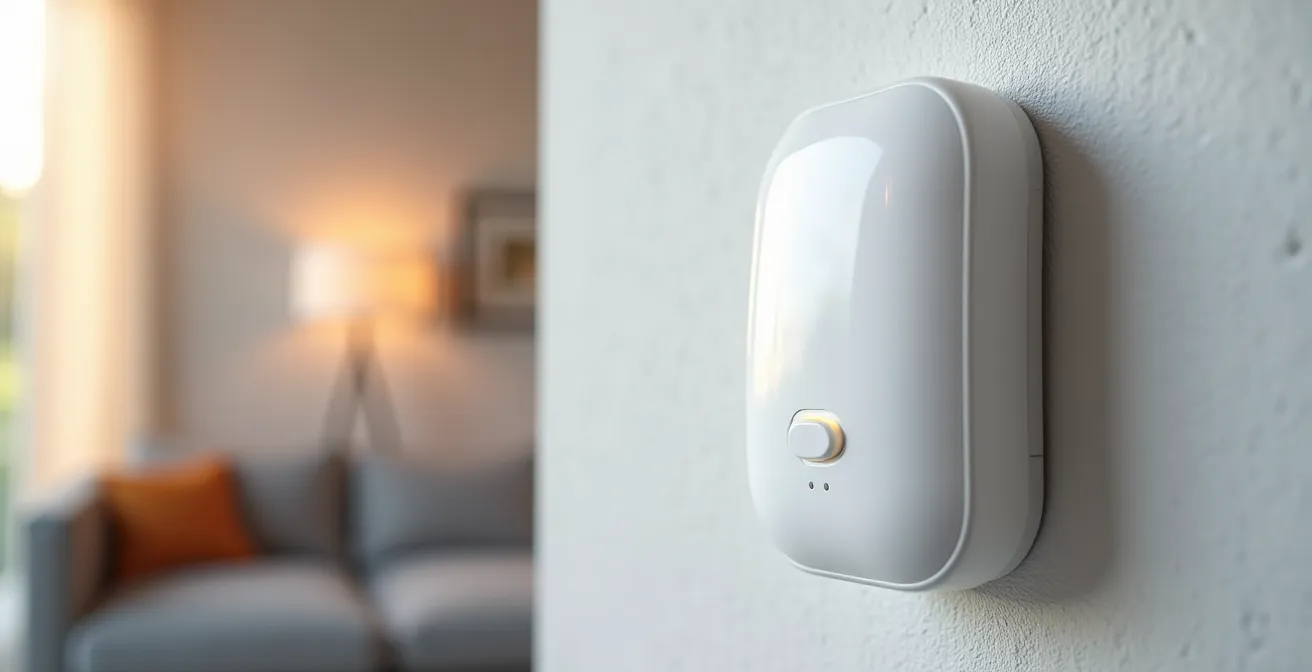 Dispositivo monitor de ruido instalado discretamente en salón moderno de apartamento turístico