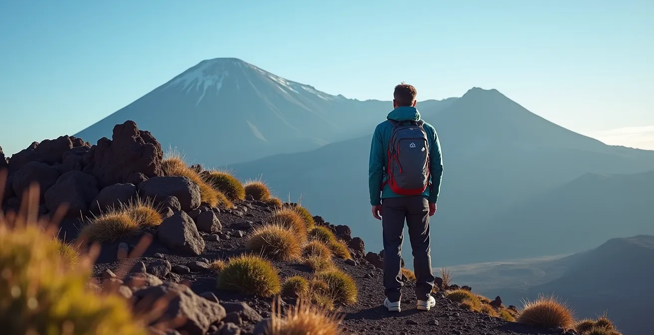 Vista del Teide desde su base mostrando la dramática diferencia de altitud y un excursionista en primer plano