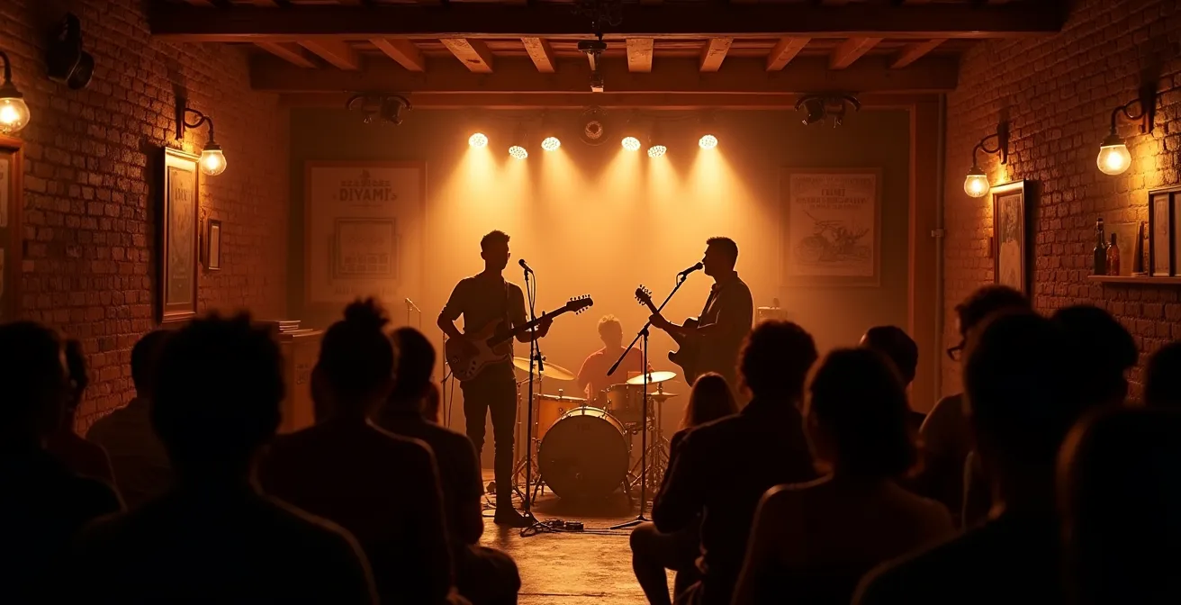 Interior acogedor de bar con músicos tocando jazz en ambiente íntimo
