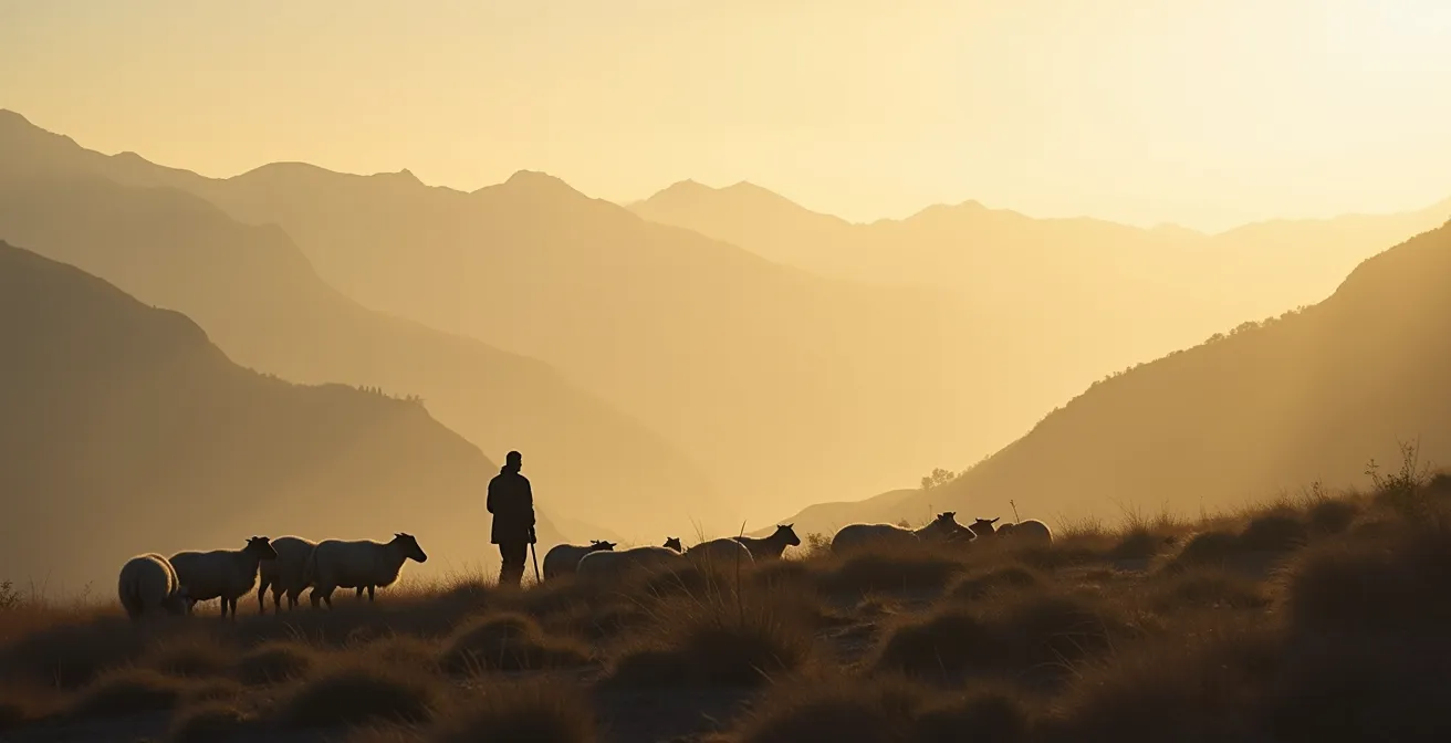 Pastor con rebaño atravesando paisaje montañoso al amanecer