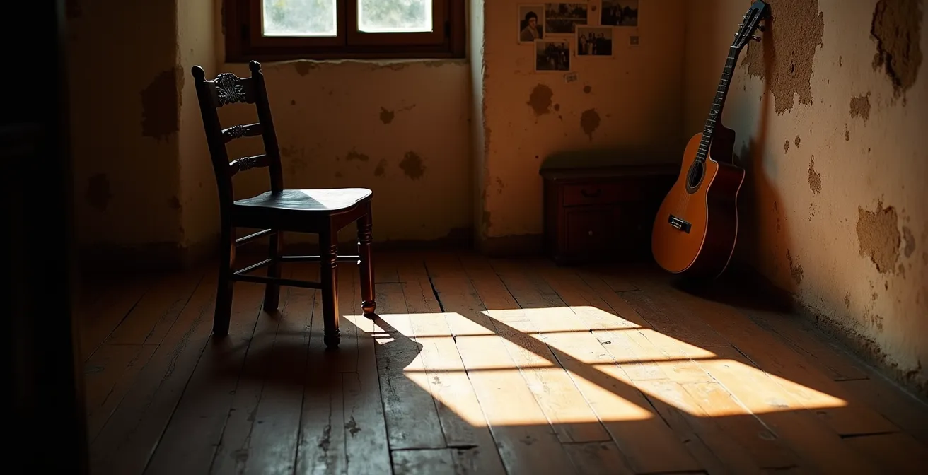 Interior íntimo de una peña flamenca tradicional con artistas y público local