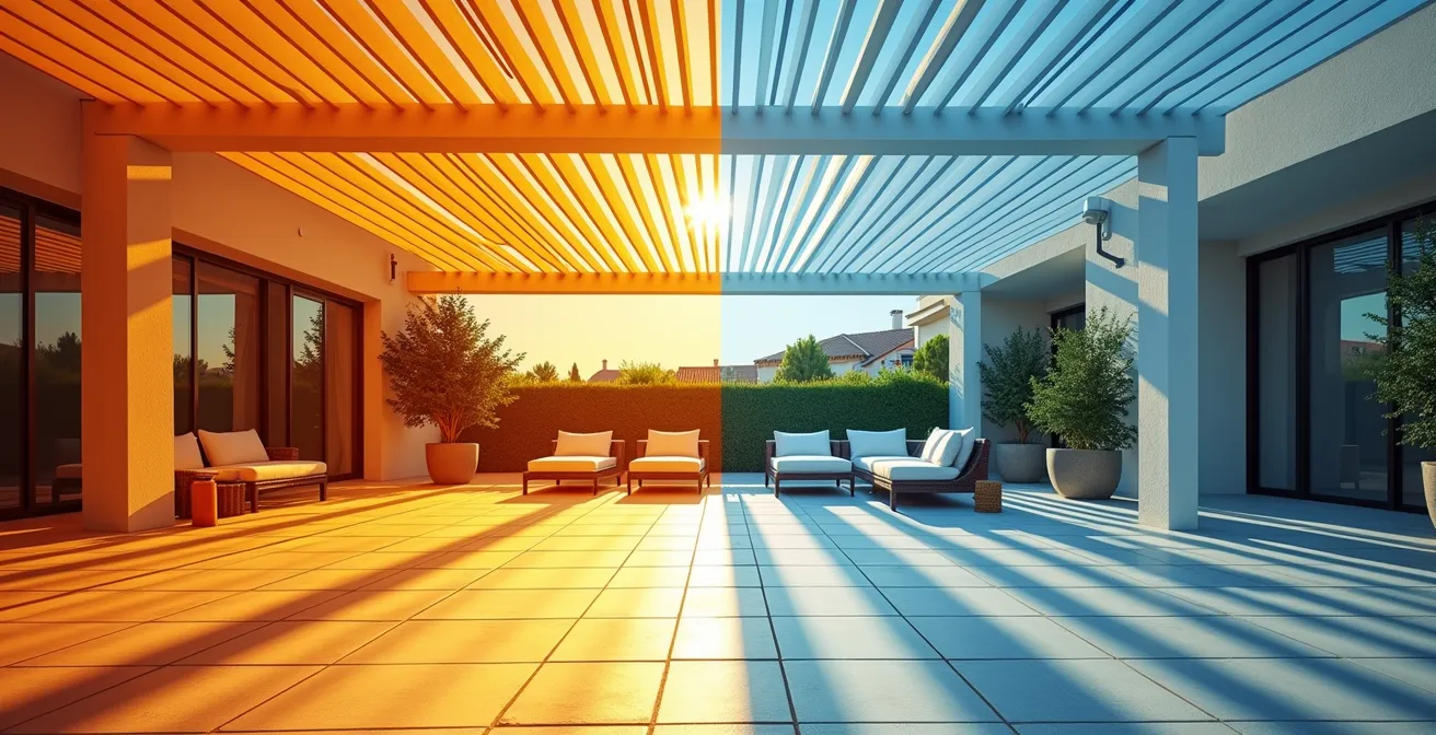 Vista de pérgola bioclimática moderna instalada en terraza española mostrando el efecto de sombreado