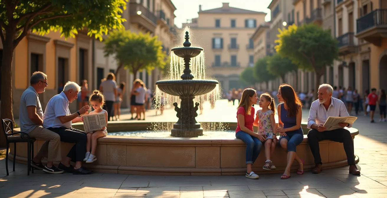 Plaza española con diferentes grupos de vecinos socializando a distintas horas del día