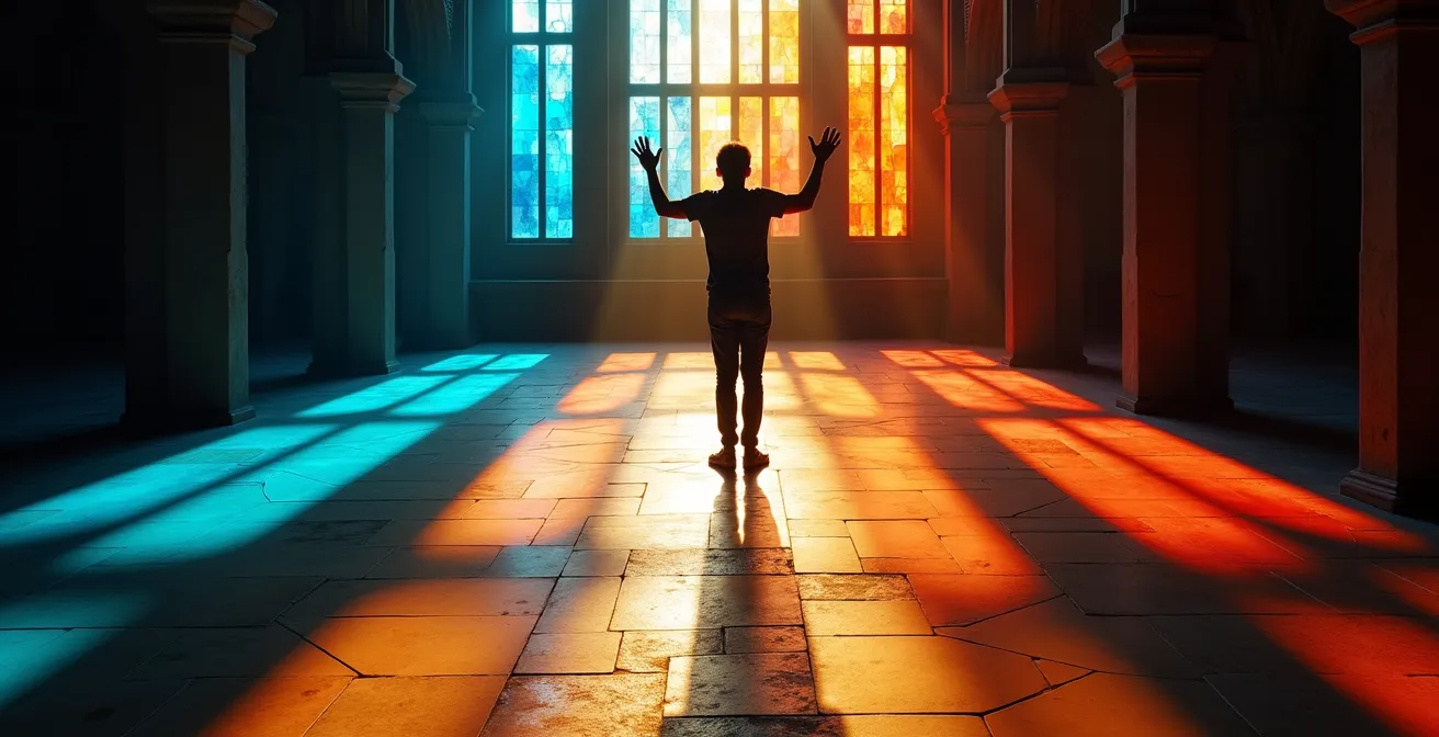 Proyección de colores vibrantes de las vidrieras sobre el suelo de piedra de la Sagrada Familia al atardecer