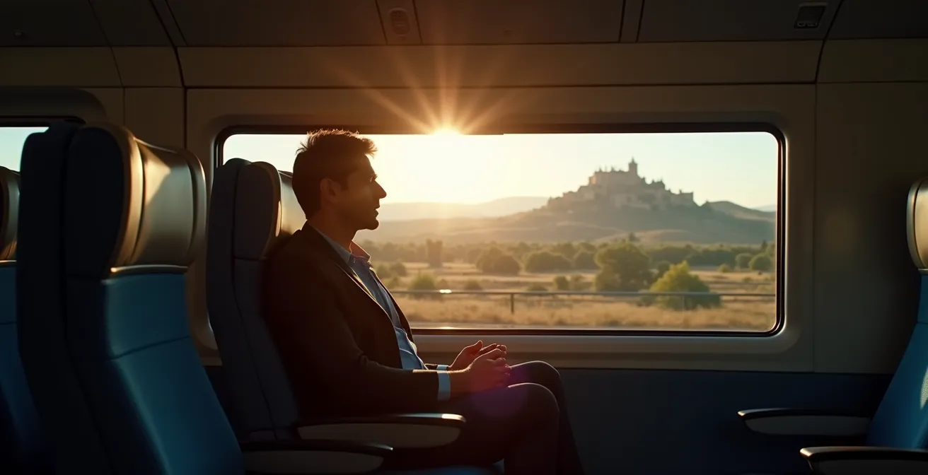 Vista interior de un tren AVE moderno con paisaje español visible a través de la ventana