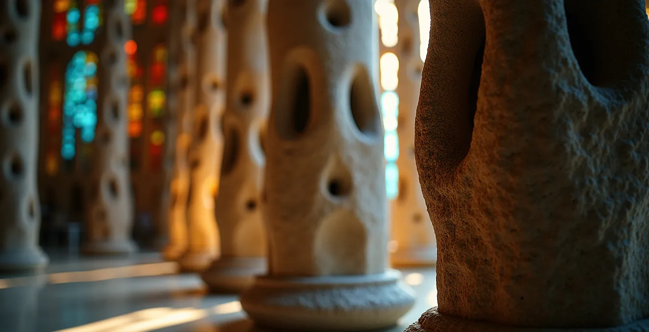 Interior de la Sagrada Familia mostrando el bosque de columnas con luz filtrada por los vitrales