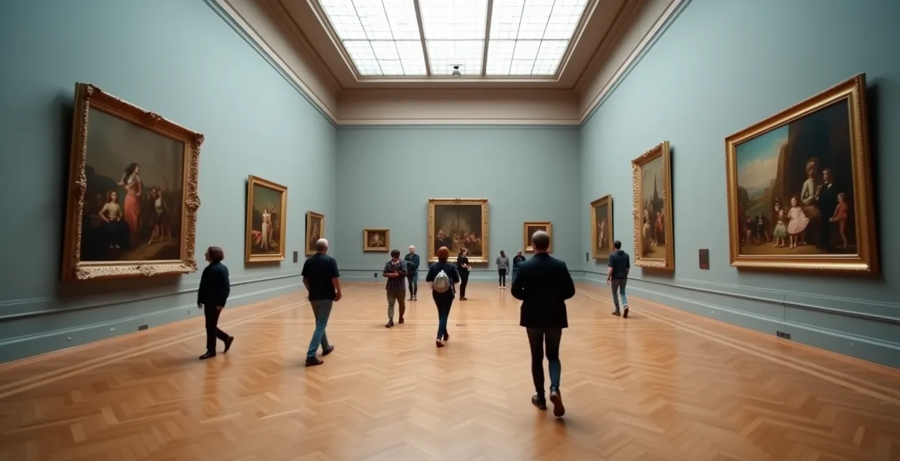 Vista de galería museística con iluminación cenital mostrando obras del Siglo de Oro español