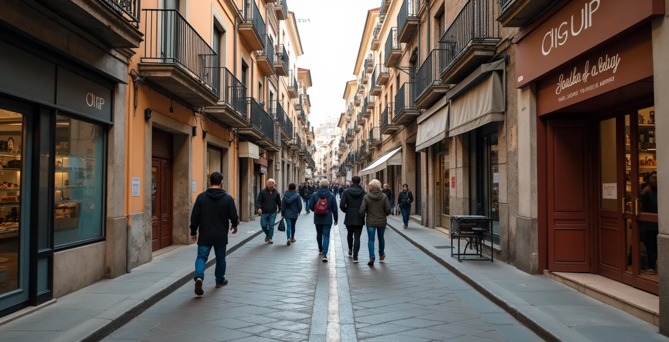 Vista de calle con cafeterías de especialidad y galerías de arte junto a locales tradicionales