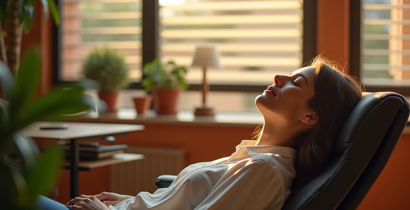 Espacio de descanso minimalista con persona reclinada en sillón ergonómico bajo luz tenue