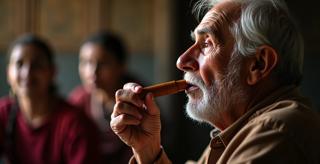 Maestro silbador enseñando el lenguaje de silbidos a estudiantes en La Gomera