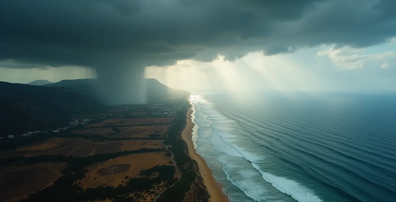Vista aérea del Mediterráneo español con sistemas de nubes y zonas de riesgo de inundación marcadas