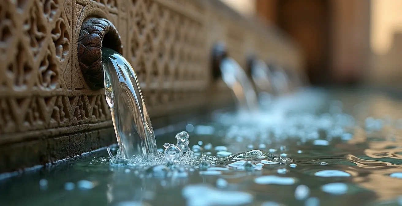 Vista macro de gotas de agua brotando de una fuente de piedra antigua con detalles geométricos