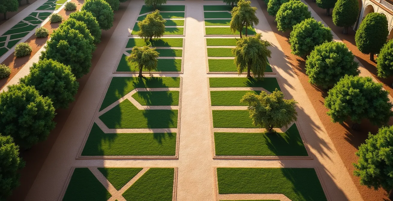 Vista aérea minimalista de los patrones geométricos de los canales de riego tradicionales (acequias) y la vegetación adaptada de los Jardines del Alcázar.