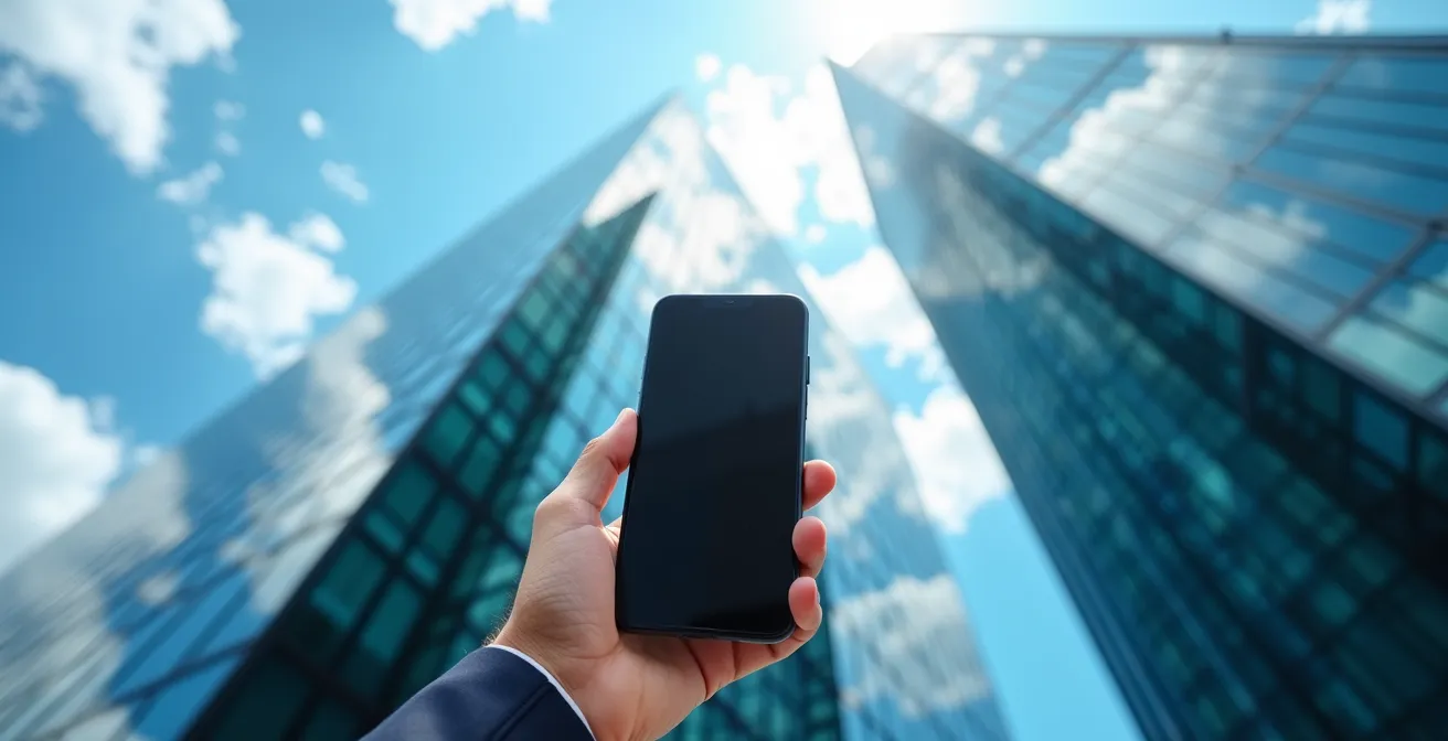 Torre de oficinas moderna en distrito financiero español fotografiada desde abajo con cielo azul