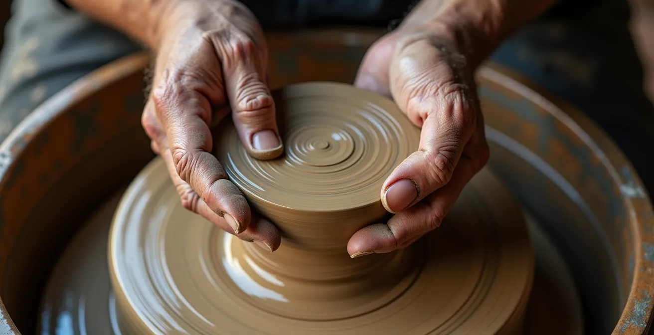 Manos de artesano modelando cerámica tradicional en torno alfarero
